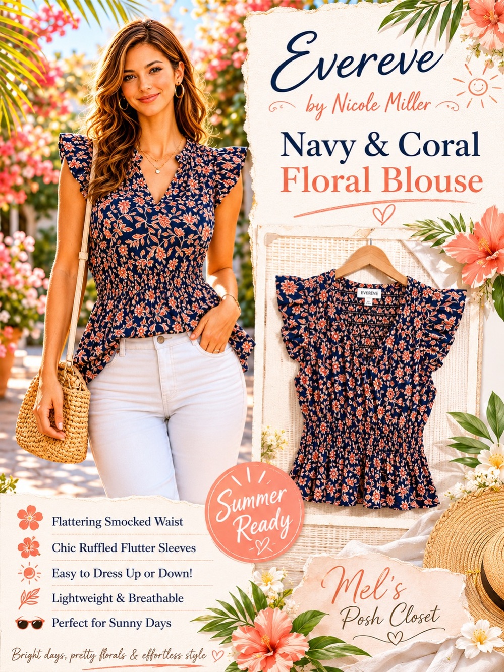 🌺Evereve Smocked Floral Top Small Navy Coral Flutter Sleeve Feminine Chic